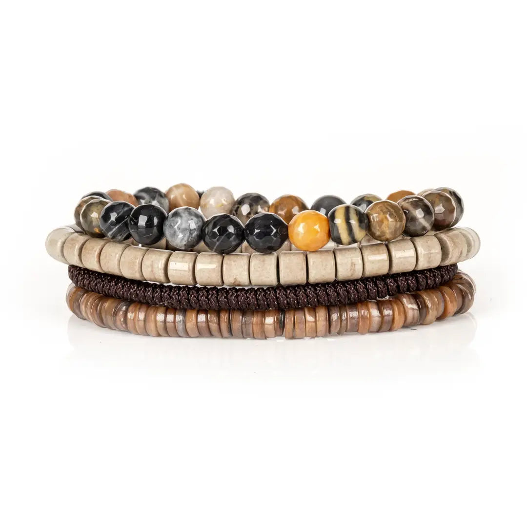 Men's layered bracelet set featuring faceted natural agate stone beads in amber, cream, black, and brown tones with beige heishi beads and brown woven cord accents on a white background.