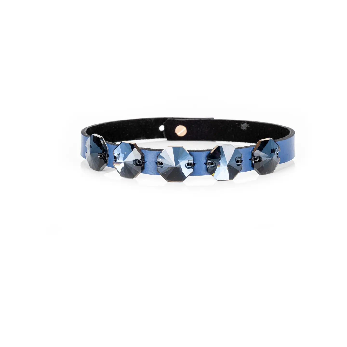 Black leather choker with a row of dark geometric faceted crystals across the front, displayed on a white background.