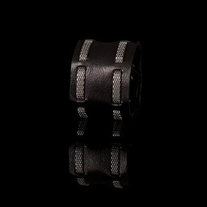 The Grid Black Leather & Silver Chain Bracelet