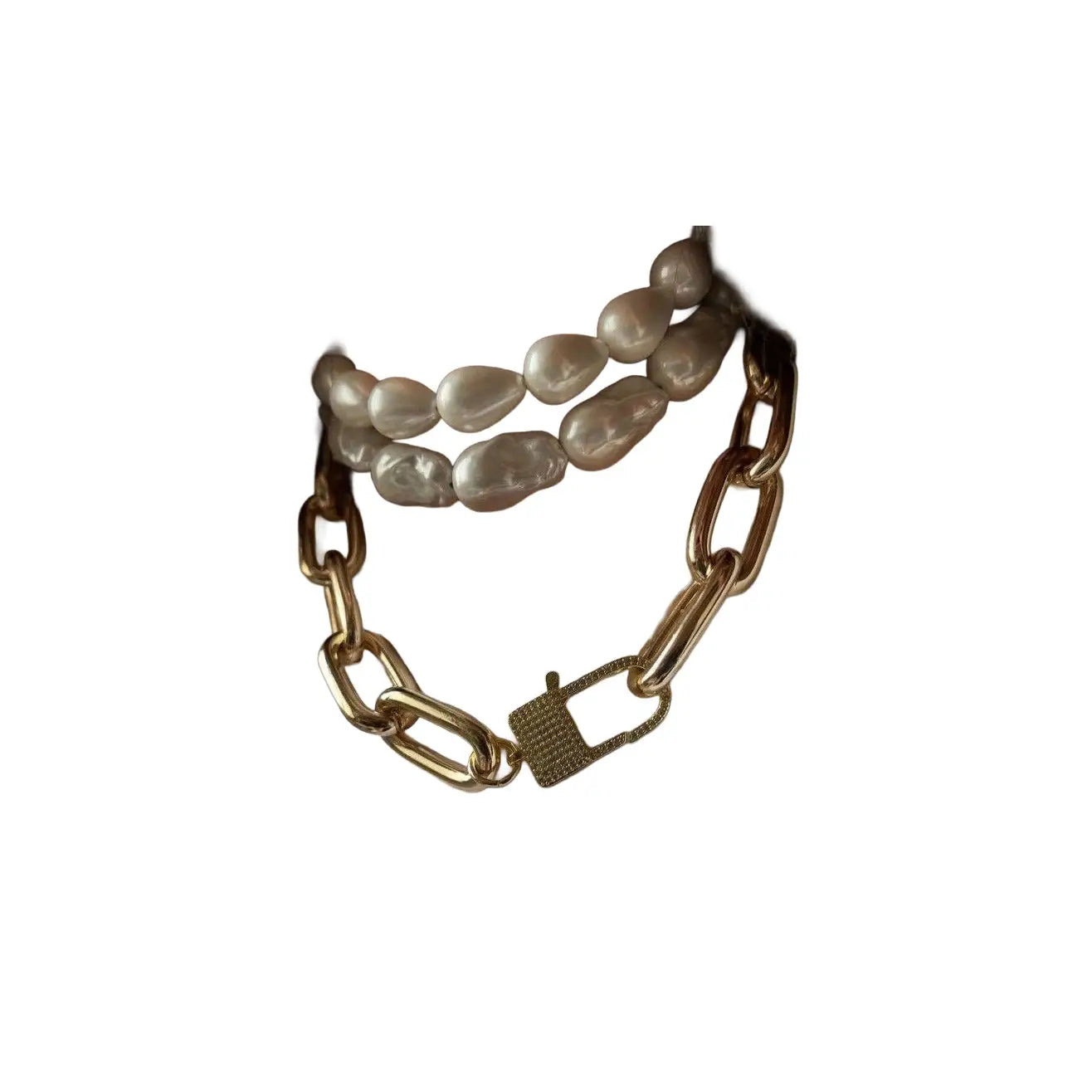 Bracelet with double strand baroque pearls and chunky gold chain featuring a front padlock clasp on a white background.