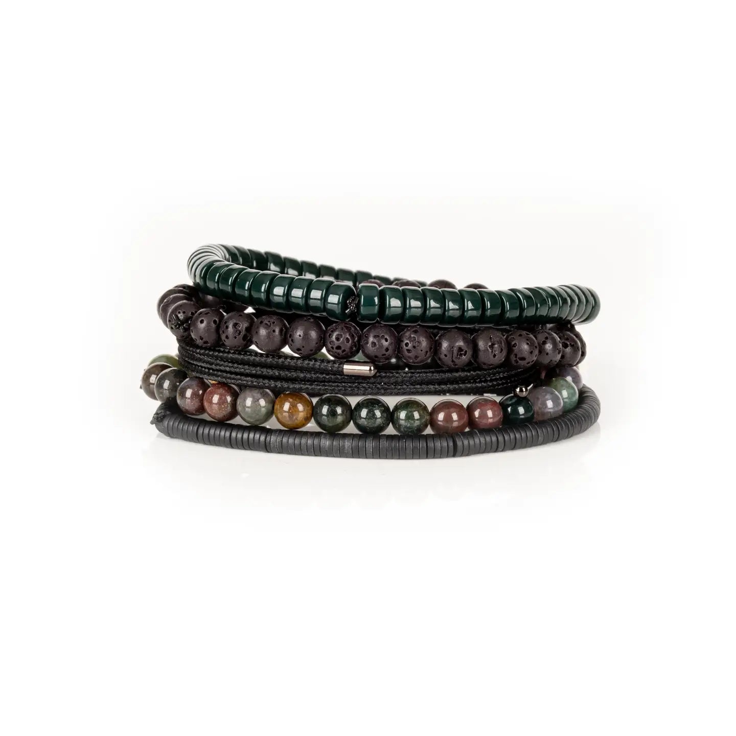 Handmade men's bracelet stack featuring natural lava stone beads, green heishi beads, multicolor gemstone beads, and black accents.