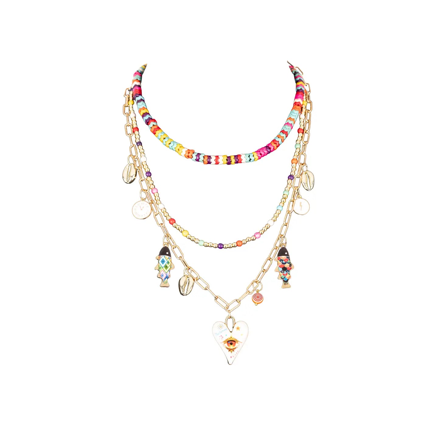 Colorful layered necklace with multicolor beads, gold chains and evil eye heart pendant on white background.