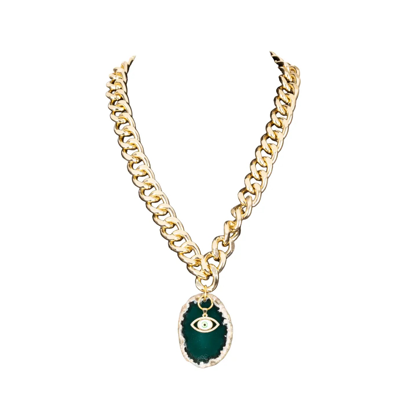 Gold chunky chain necklace with green stone pendant and evil eye charm on white background.