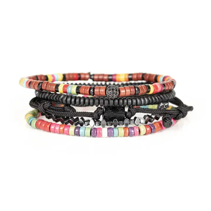 Multicolor multi-layer men’s bracelet featuring colorful disc bead strands, faceted hematite accents, braided black rope layers, and black geometric centerpiece on a light background.