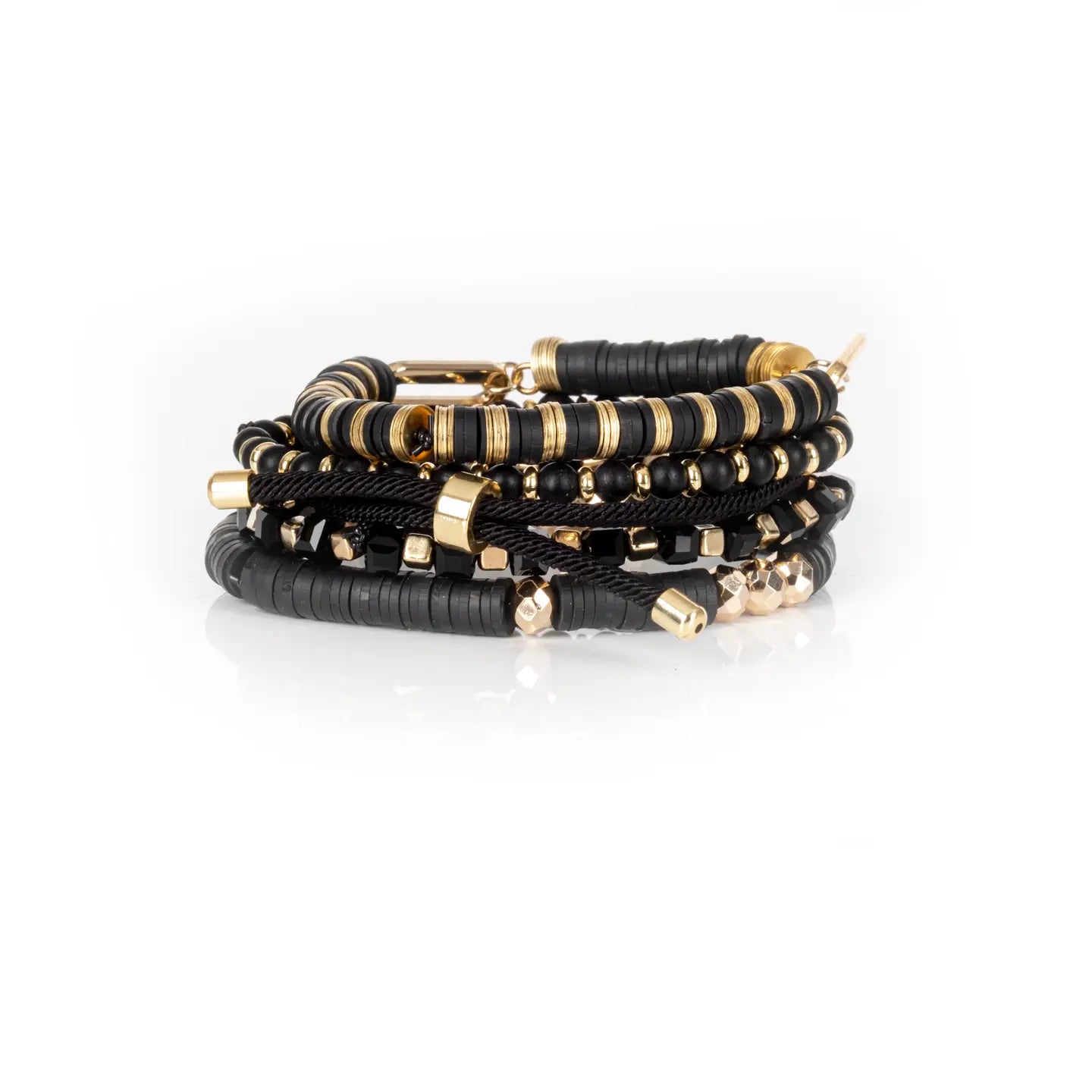 Black Onyx Shell Bracelet Stack Gold & Jet Beaded