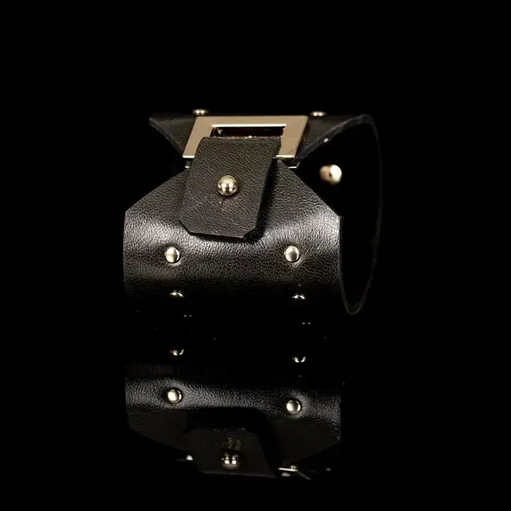 Command Cuff Black Italian Leather Bracelet with Gold Stud