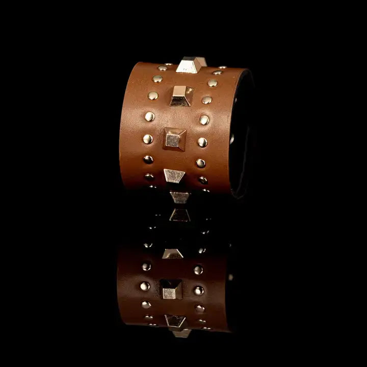 Studded Pyramid Leather Cuff Bronze Brown