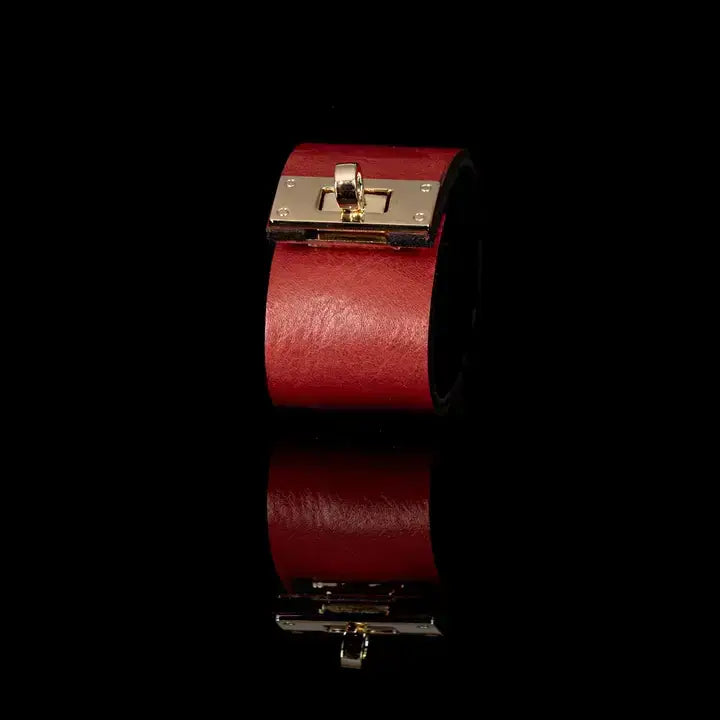 Red Wide Leather Cuff Bracelet with Gold Turn Lock Clasp