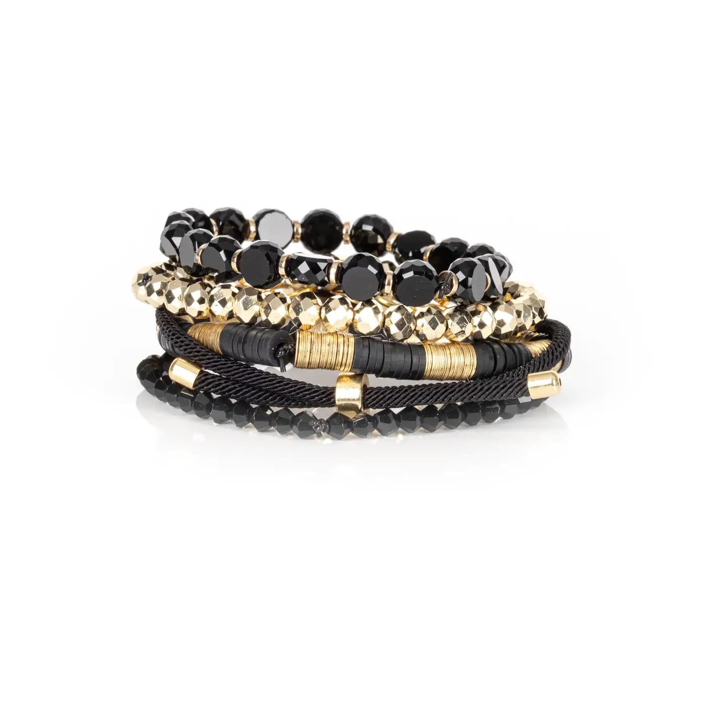 Black & Gold Cowrie Shell Bracelet Stack Onyx Beads