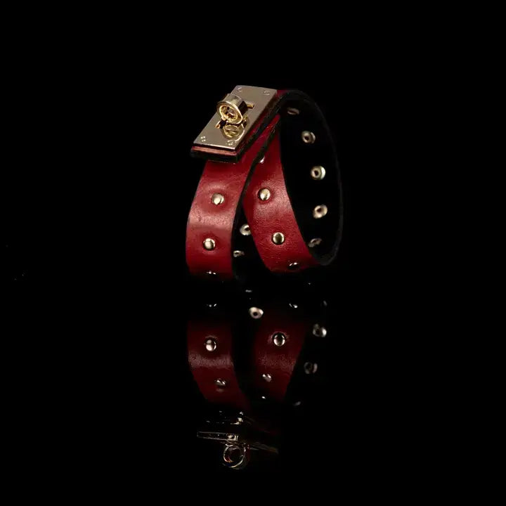 Double Wrap Red Leather Bracelet with Gold Studs