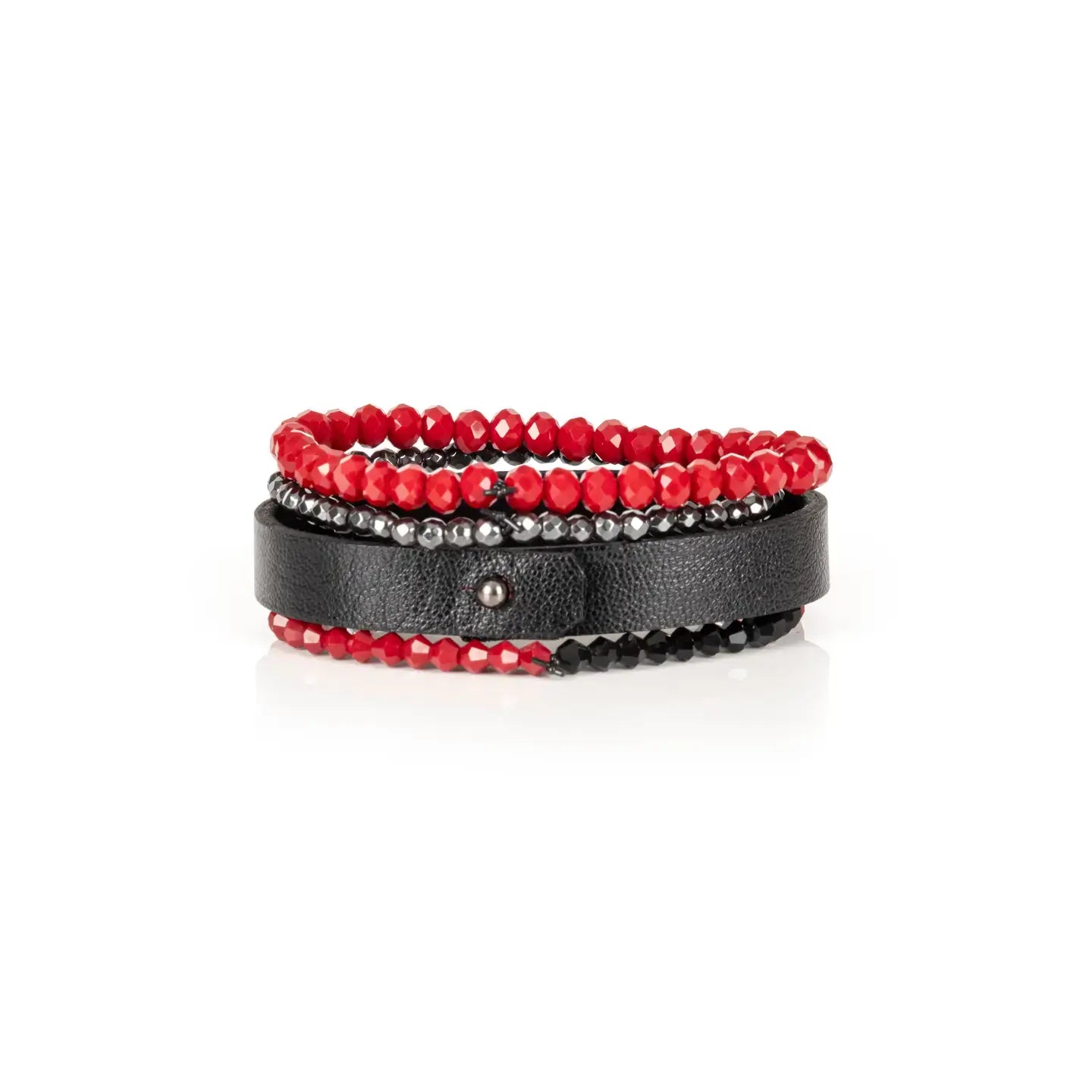 Red and black multi-layer men’s bracelet featuring faceted red crystal beads, hematite bead strands, black leather band, and black faceted stone accents on a light background.