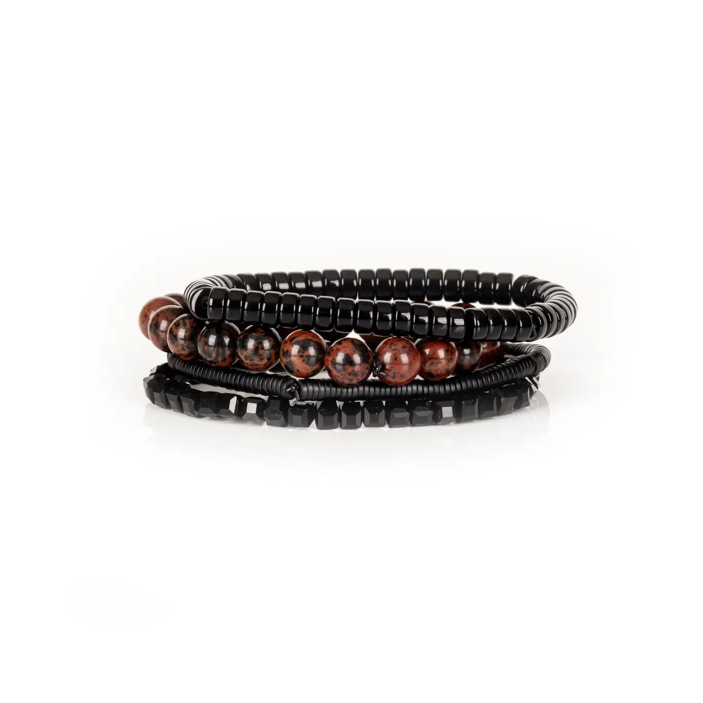 Men’s layered bracelet set featuring black lava stone disc beads, black braided cord wraps, white and gray marbled natural stone beads, black hematite coil beads, and light gray heishi beads, stacked in a sophisticated monochromatic luxury design on a white background.