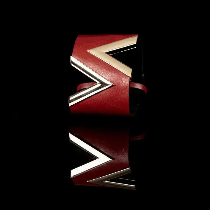 Red Leather Cuff Bracelet with Bold Gold Chevron Design