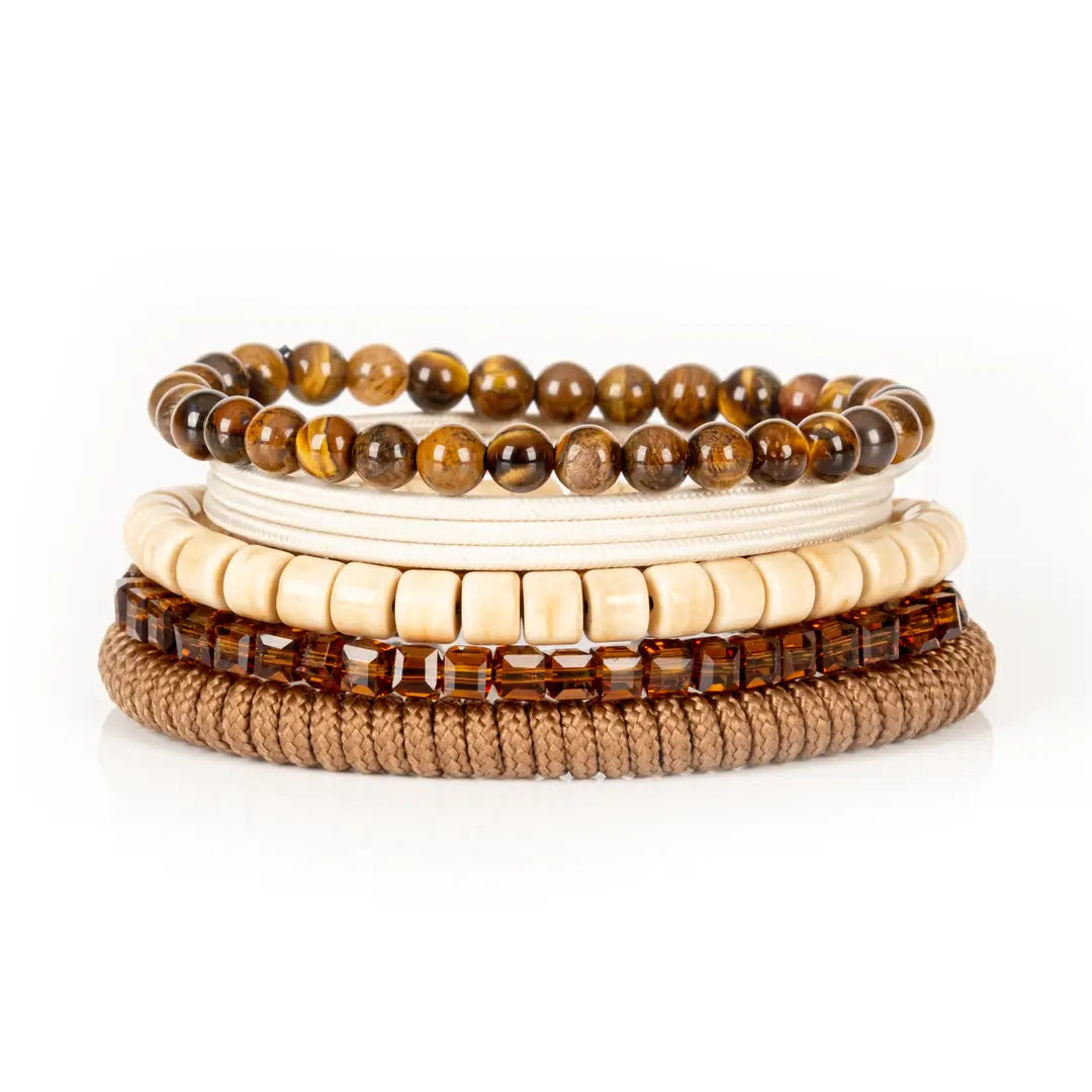 Men’s layered bracelet set featuring tiger’s eye stone beads, ivory heishi beads, amber crystal rectangle beads, cream braided cord wraps, and natural beige accents, stacked in a refined earthy luxury design on a white background.