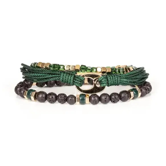Men’s layered bracelet set featuring dark green braided cord, green crystal beads, gold-tone geometric spacer beads, matte black lava stone beads, and a polished gold-tone centerpiece, stacked in a refined green and gold luxury design on a white background.