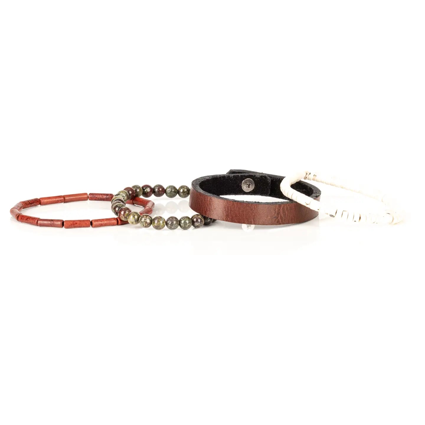 Men’s layered bracelet set featuring a brown genuine leather cuff, white howlite heishi beads, green and burgundy dragon blood jasper beads, and red cylindrical stone beads, stacked in a rugged earthy luxury design on a white background.