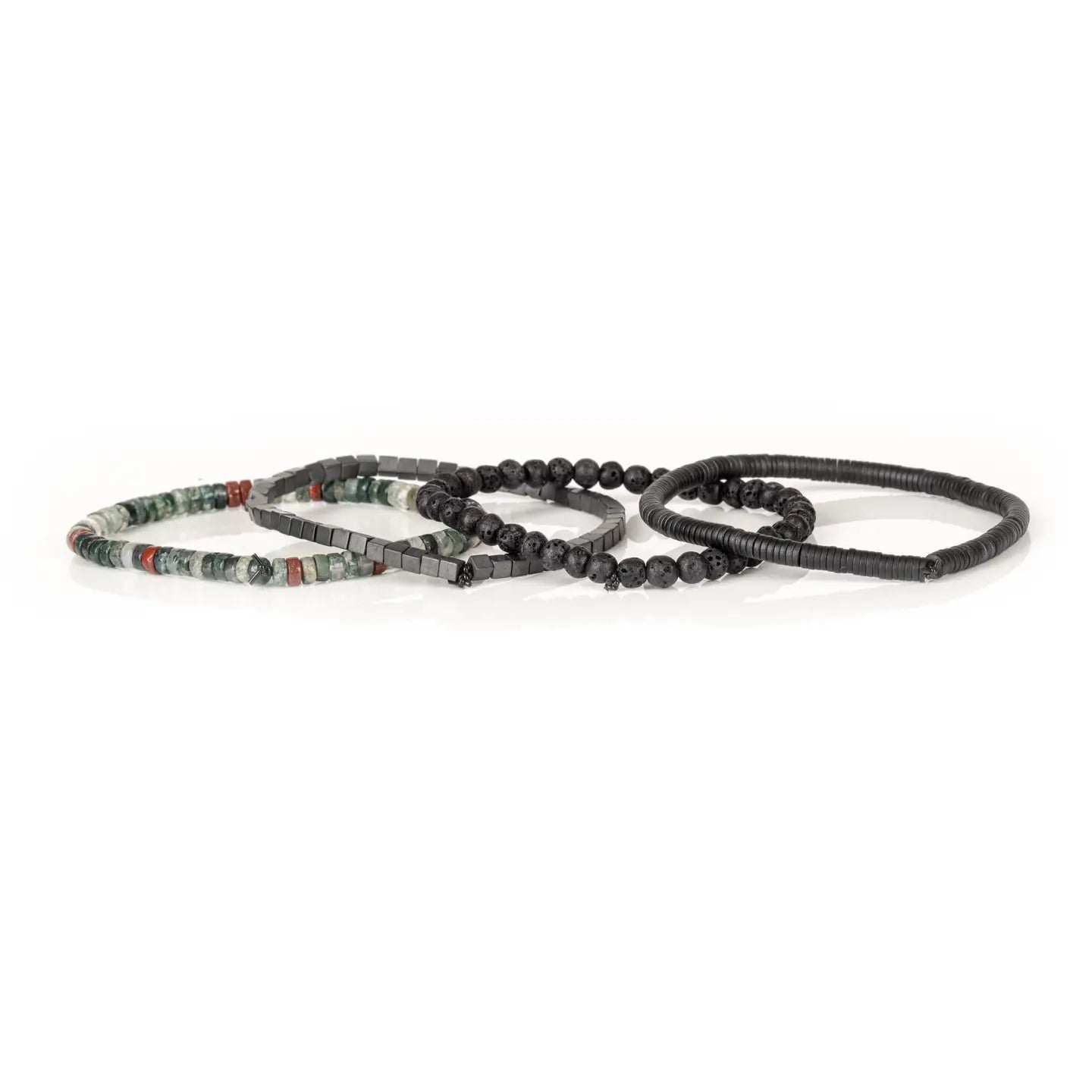 Men's layered bracelet set featuring matte black lava stone beads, hematite cube beads, and multi-color natural stone heishi beads in green, grey, and rust tones arranged in a stacked design on a white background.