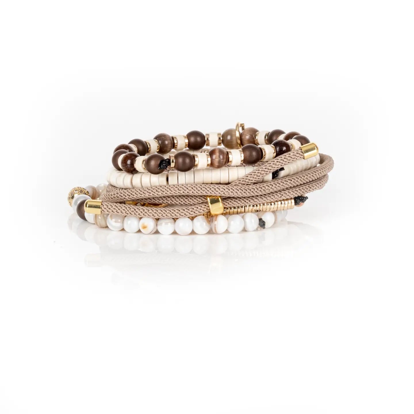 Ivory & Mocha Beaded Bracelet Stack Gold Compass Charm