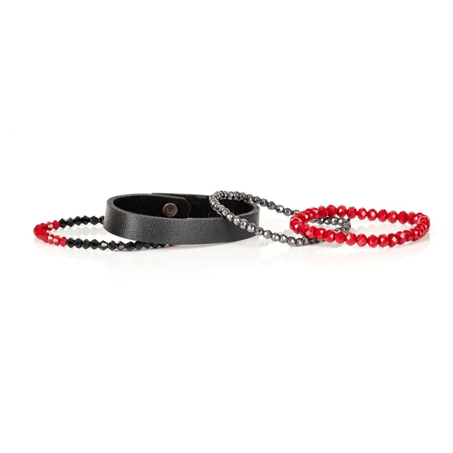 Red and black multi-layer men’s bracelet featuring faceted red crystal beads, hematite bead strands, black leather band, and black faceted stone accents on a light background.