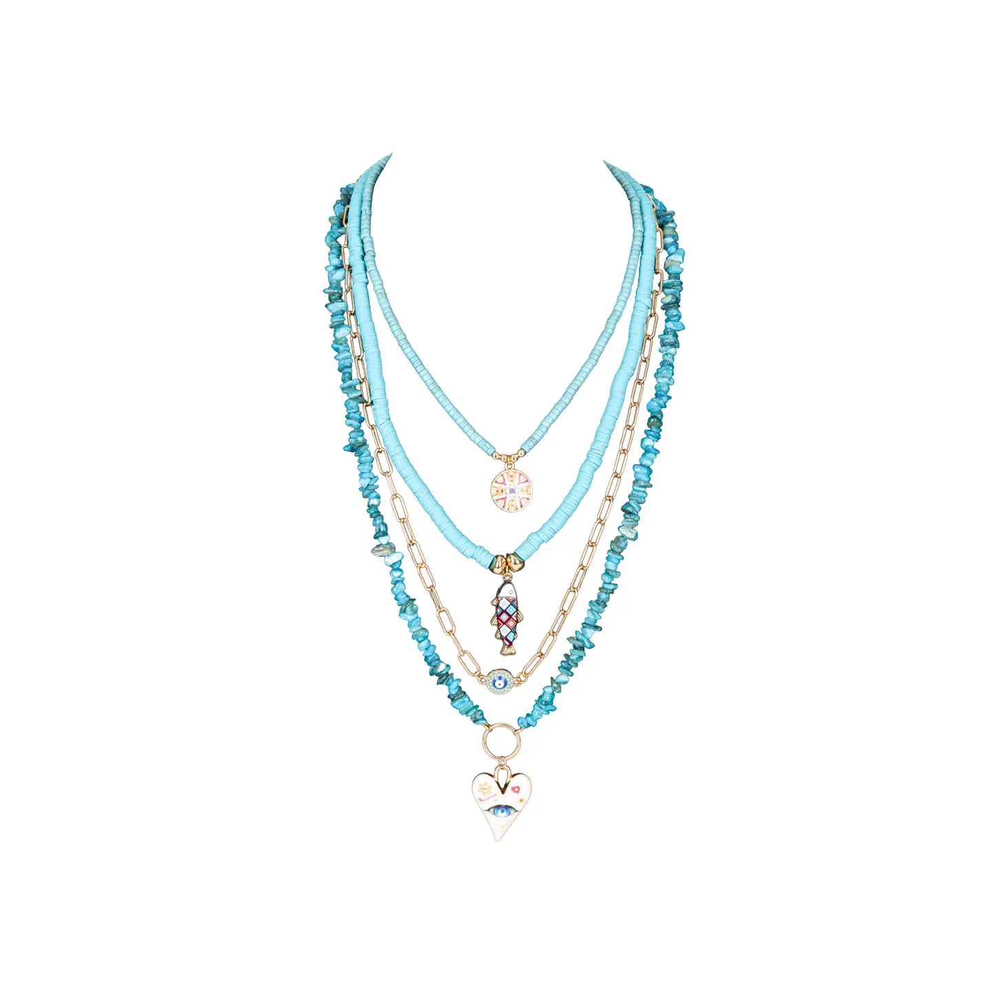 Layered turquoise beaded necklace with multiple strands, gold chain accents, and charm pendants, displayed on a white background.