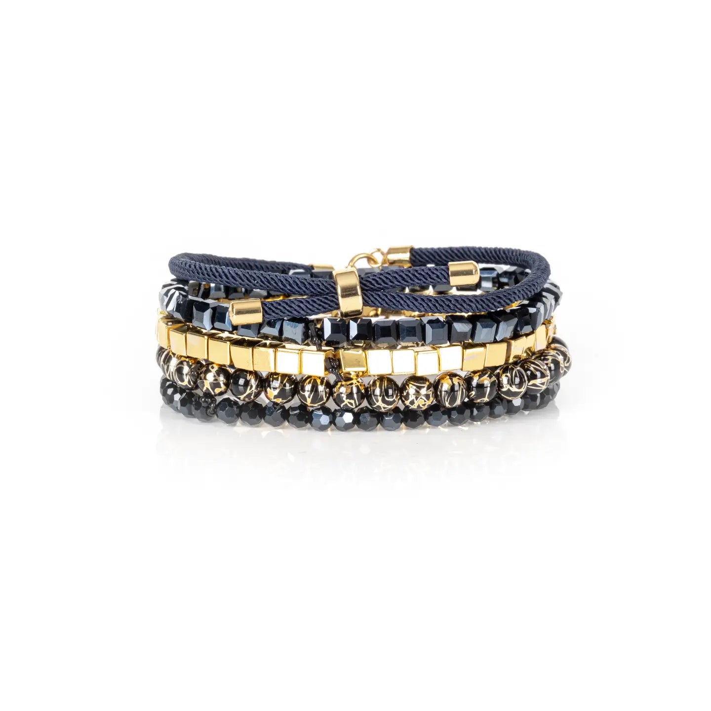 Midnight Navy Bracelet Stack with Gold Cube Beads & Shell