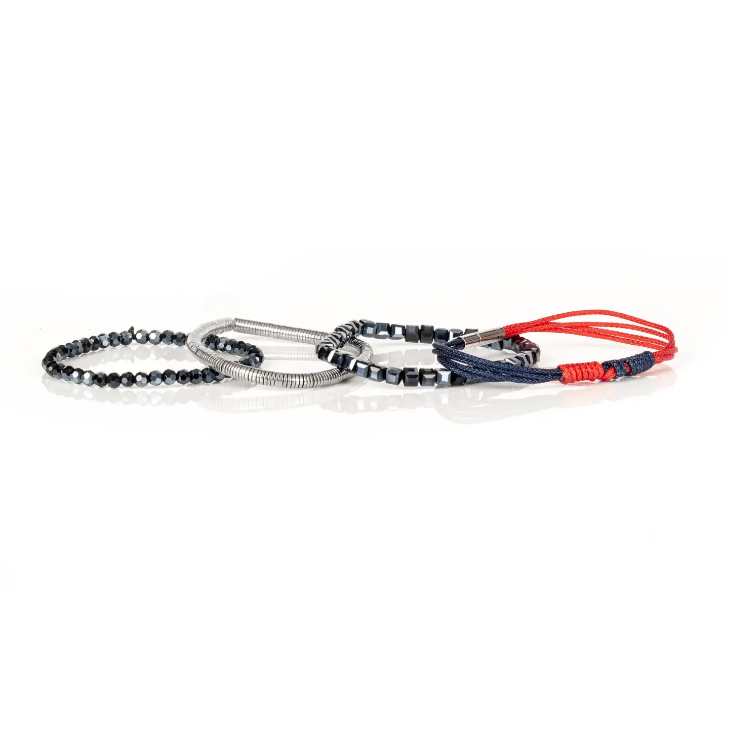 Men's layered bracelet set featuring faceted black crystal beads, polished hematite accents, silver-tone spacer beads, and woven navy and red cord details arranged in a stacked design on a white background.