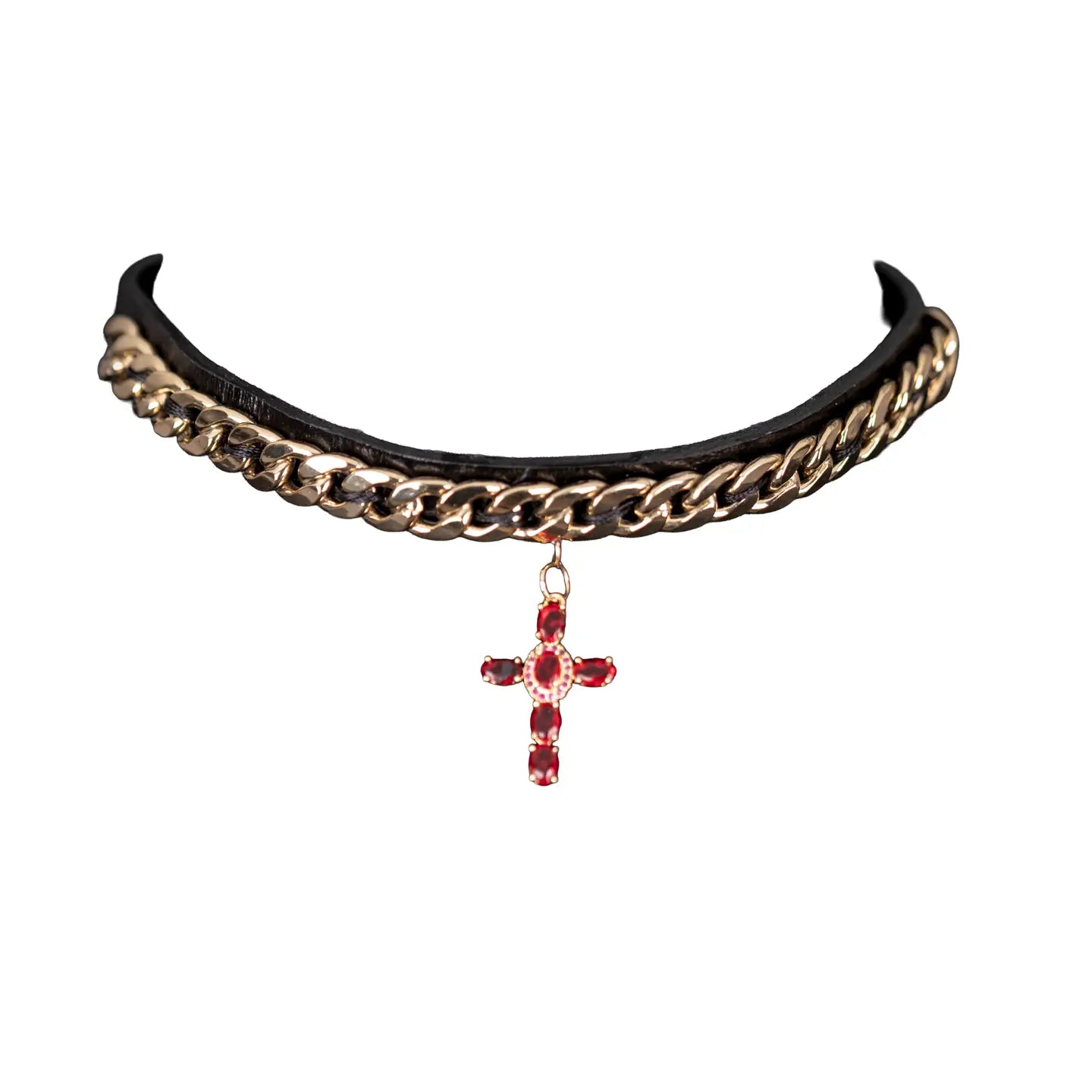 Black leather choker with gold chain detail and a red crystal cross pendant, centered on a white background.