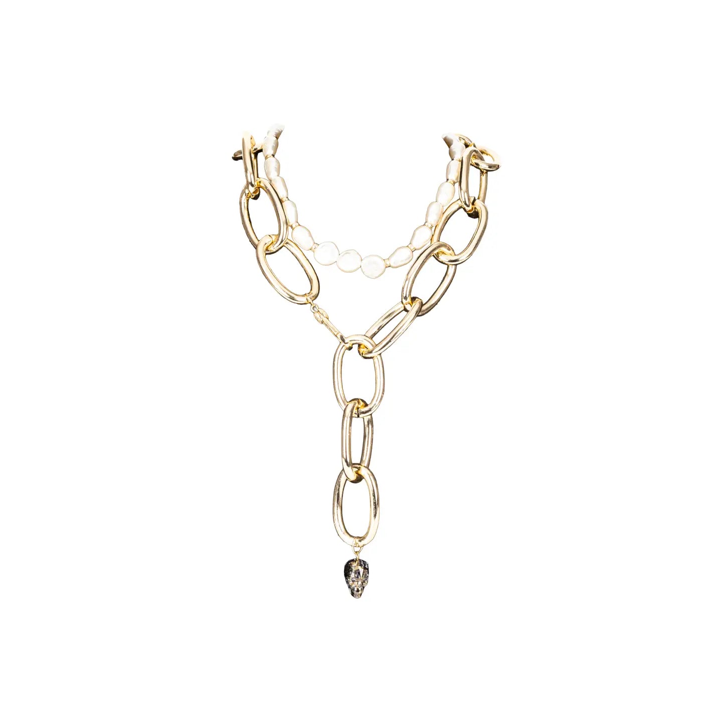 Gold oversized chain necklace with pearl accent and crystal drop pendant on white background.