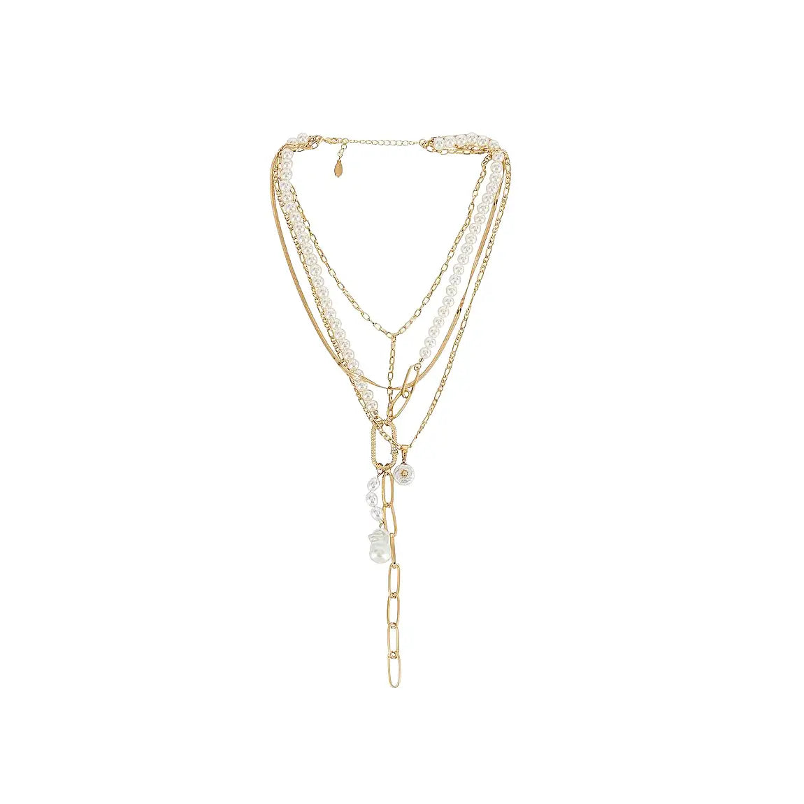 Layered pearl and gold chain necklace with drop chain detail on a white background.