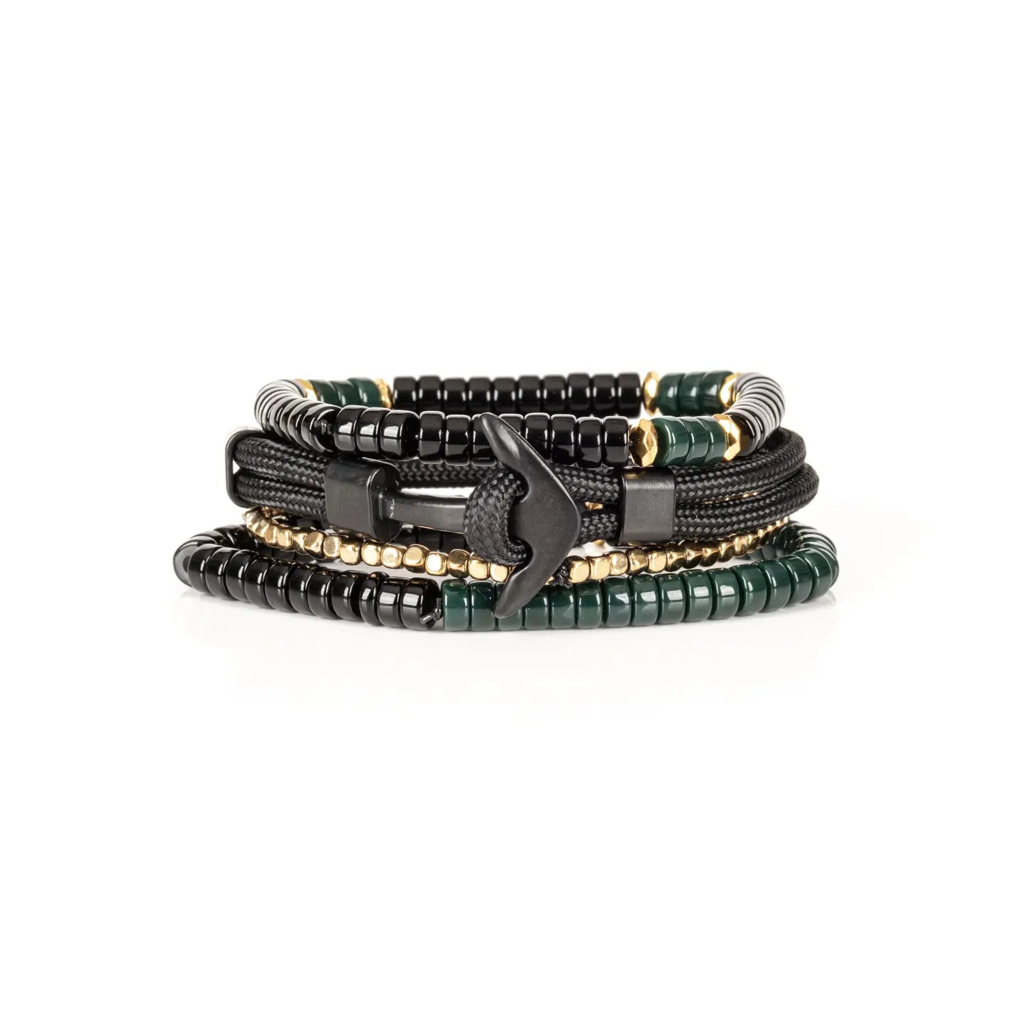 Men’s layered bracelet set featuring black and deep green heishi beads, black braided cord wraps, gold-tone spacer beads, and polished black accent beads, stacked in a sophisticated green, black, and gold luxury design on a white background.
