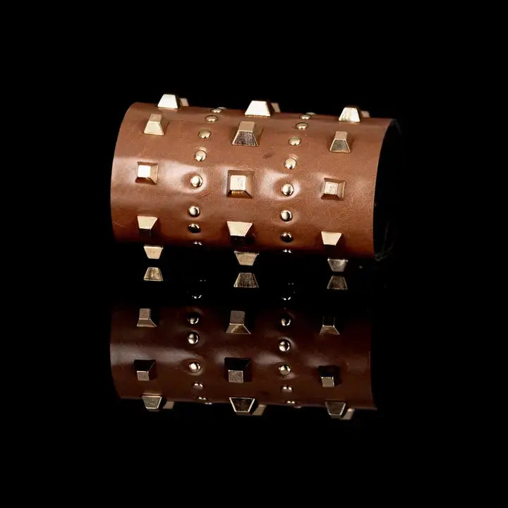Brown Leather Multi-Stud Wide Cuff Bracelet