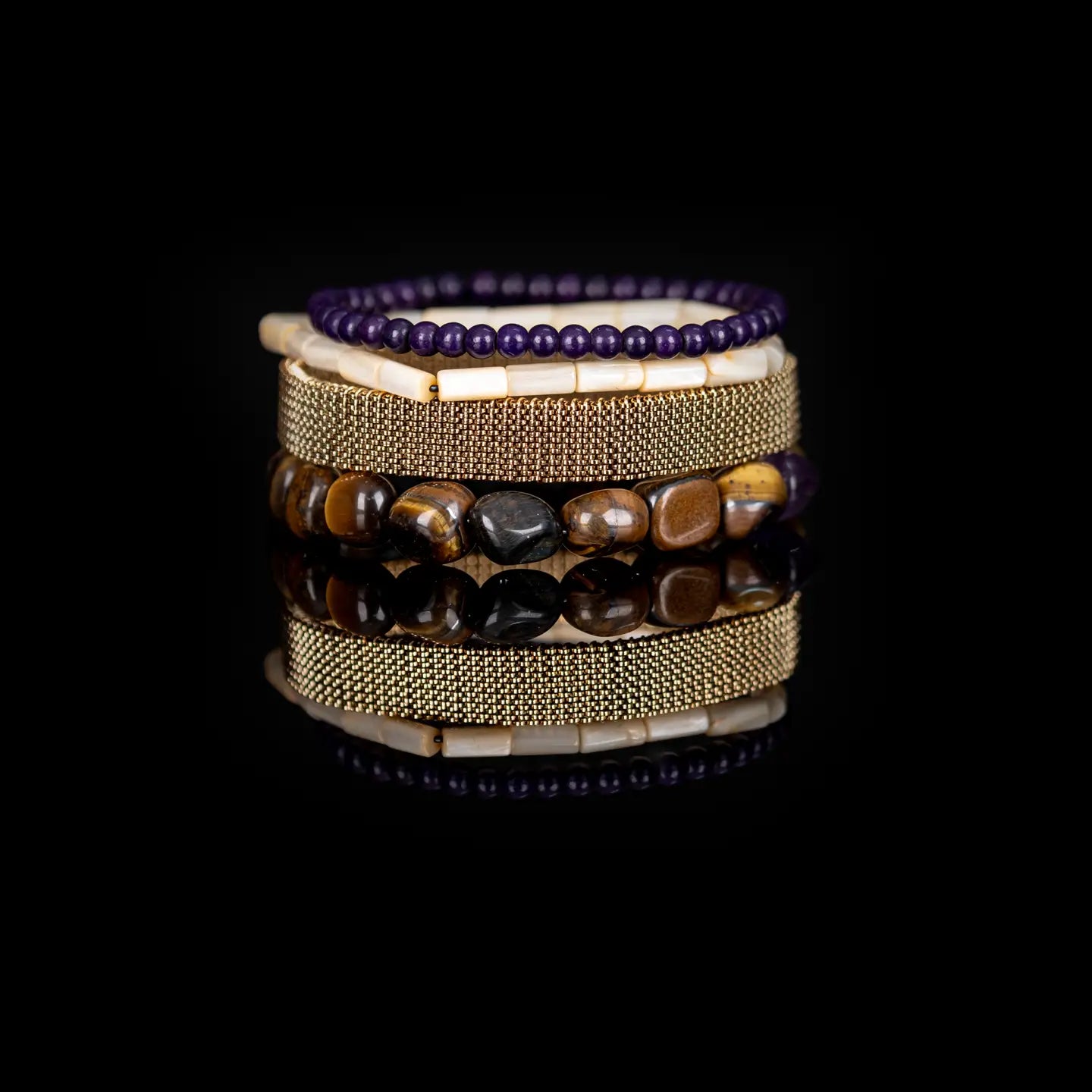 Amethyst, Tiger Eye & Gold Mesh Bracelet Stack