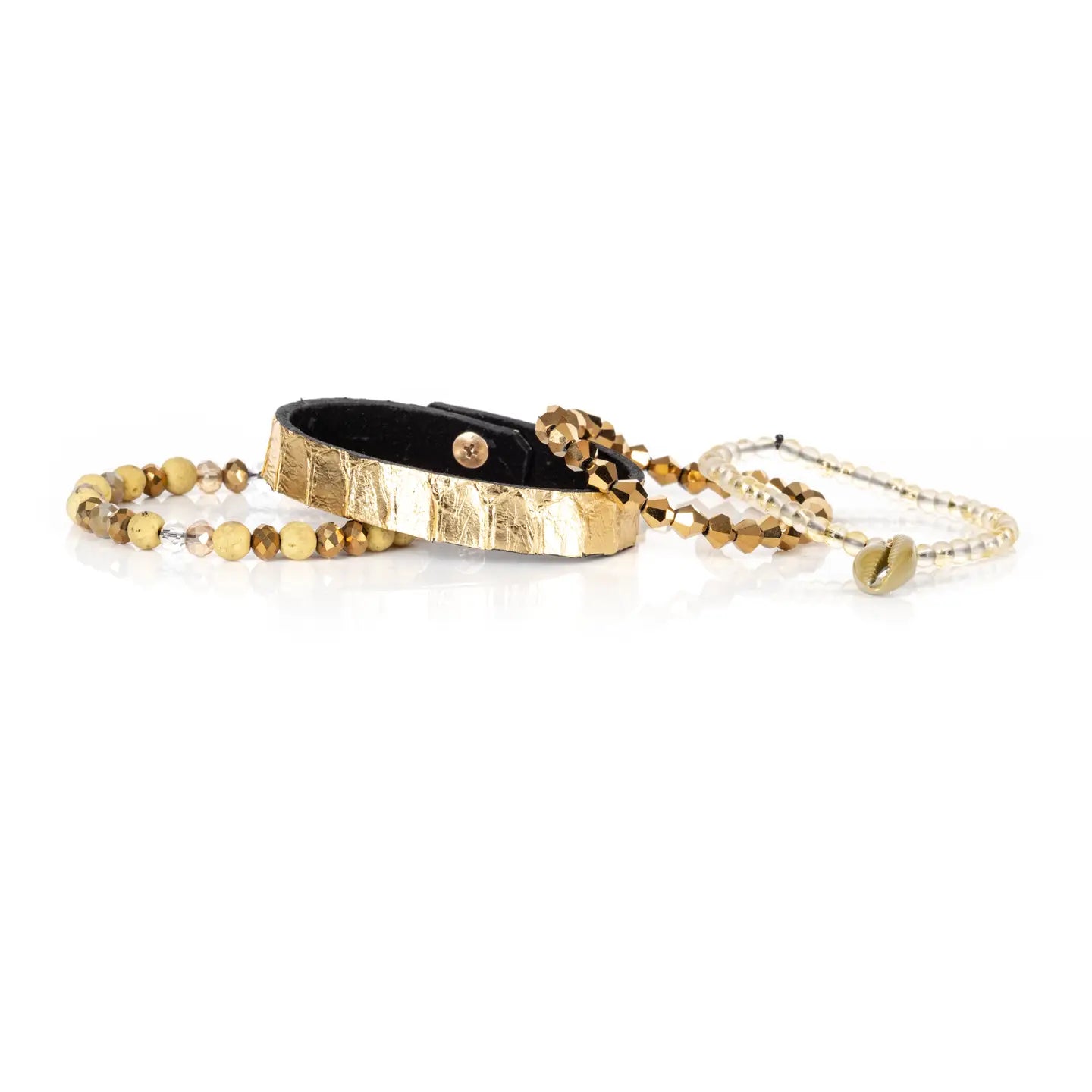 Gold Foil Wrap Bracelet Stack with Shell Charm & Crystal