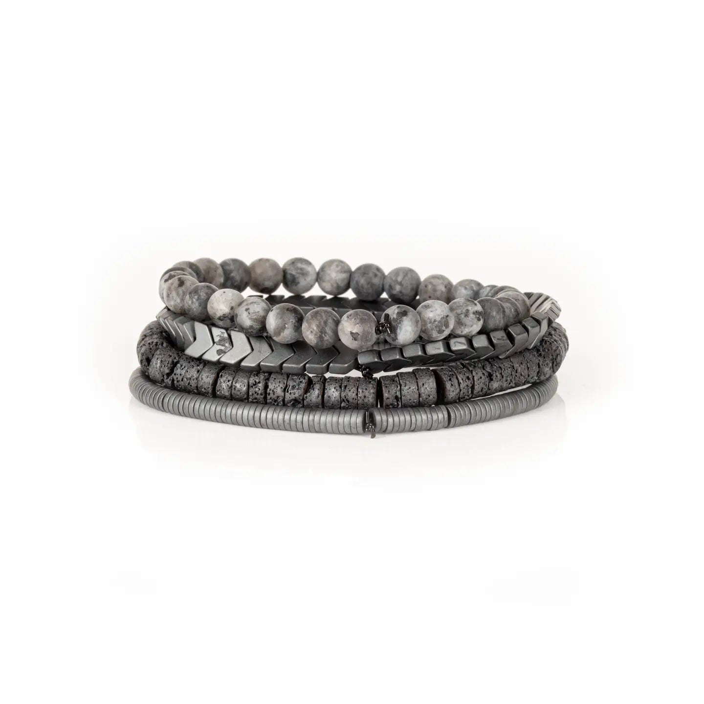 Men’s layered bracelet set featuring gray natural stone beads, gunmetal chevron metal beads, dark lava stone disc beads, and silver-tone coil wrap accents, stacked in a sleek monochromatic industrial luxury design on a white background.