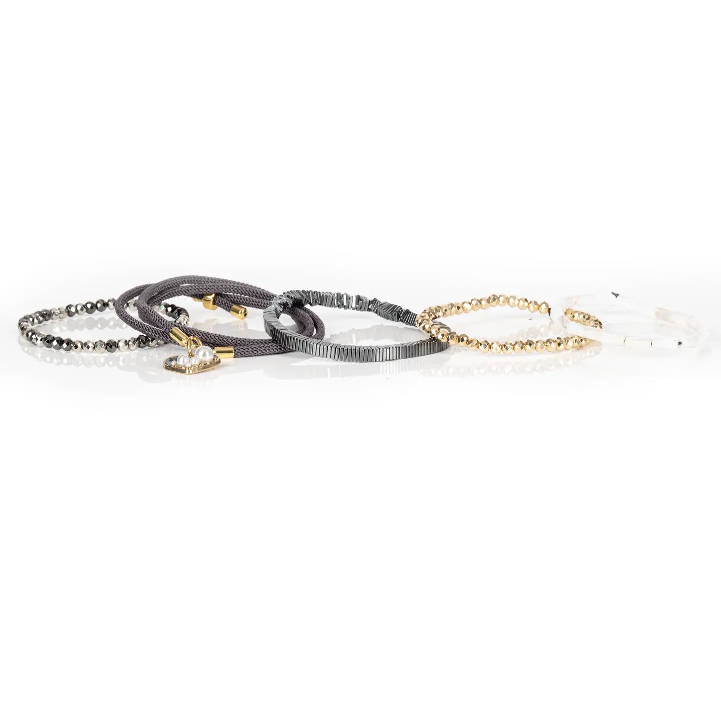 Pearl Heart Charm Grey & Gold Bracelet Stack
