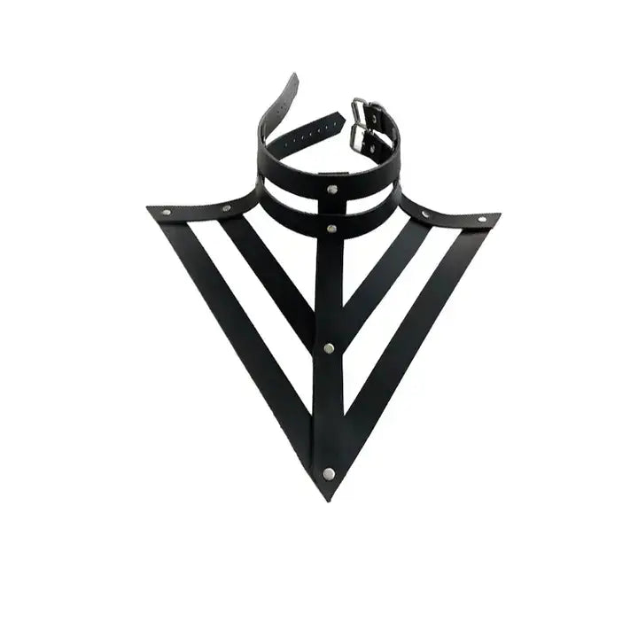 Black leather geometric harness choker with a triangular strap structure and double collar design, displayed on a white background.