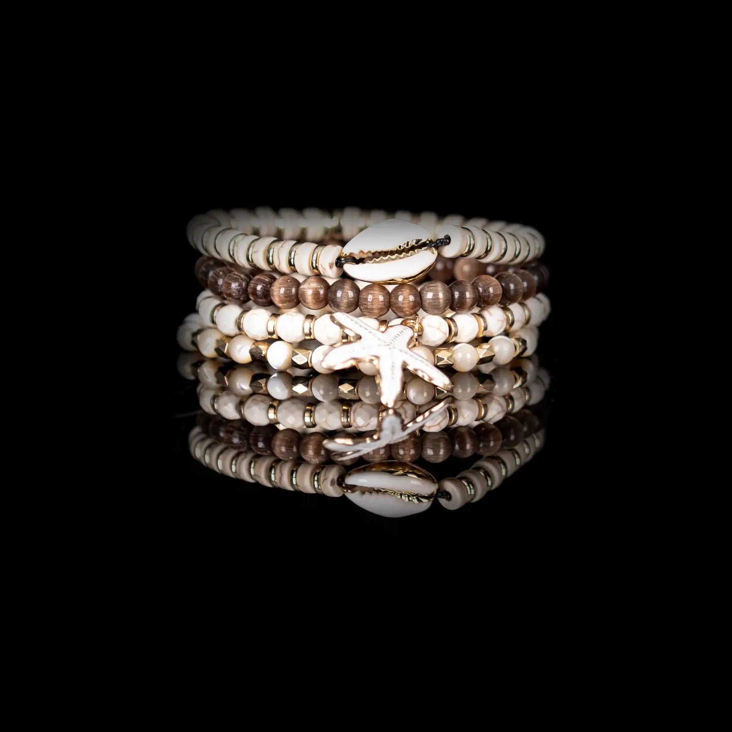 Coastal Cowrie Bracelet Stack Cream, Brown & Gold Starfish