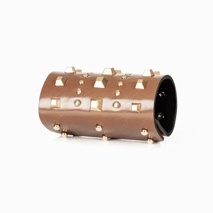 Brown Leather Multi-Stud Wide Cuff Bracelet
