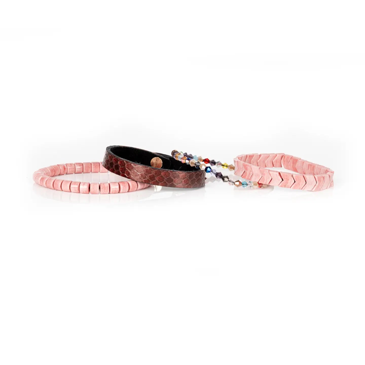 Python Leather & Chevron Tile Stack Bracelet Blush Rose