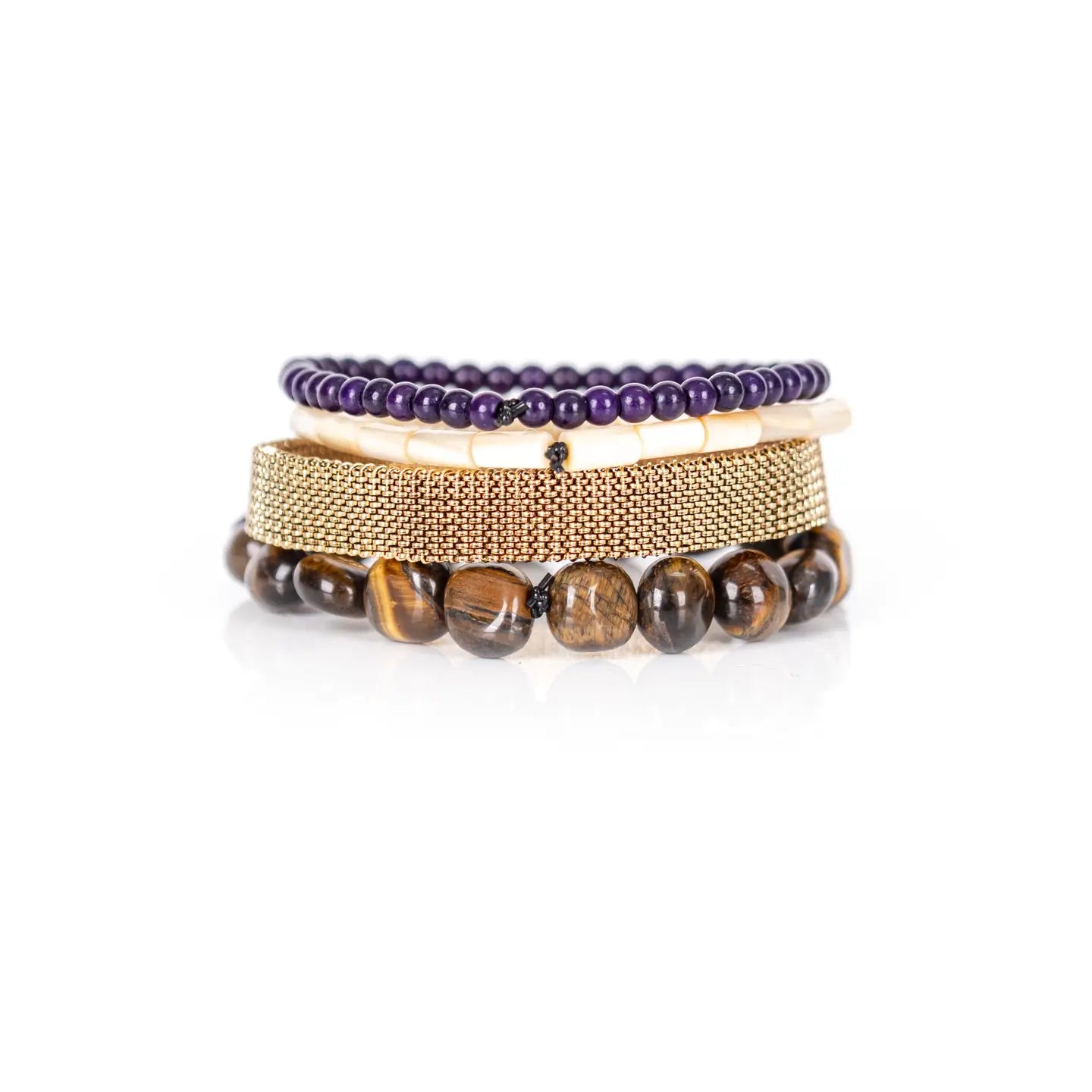 Amethyst, Tiger Eye & Gold Mesh Bracelet Stack