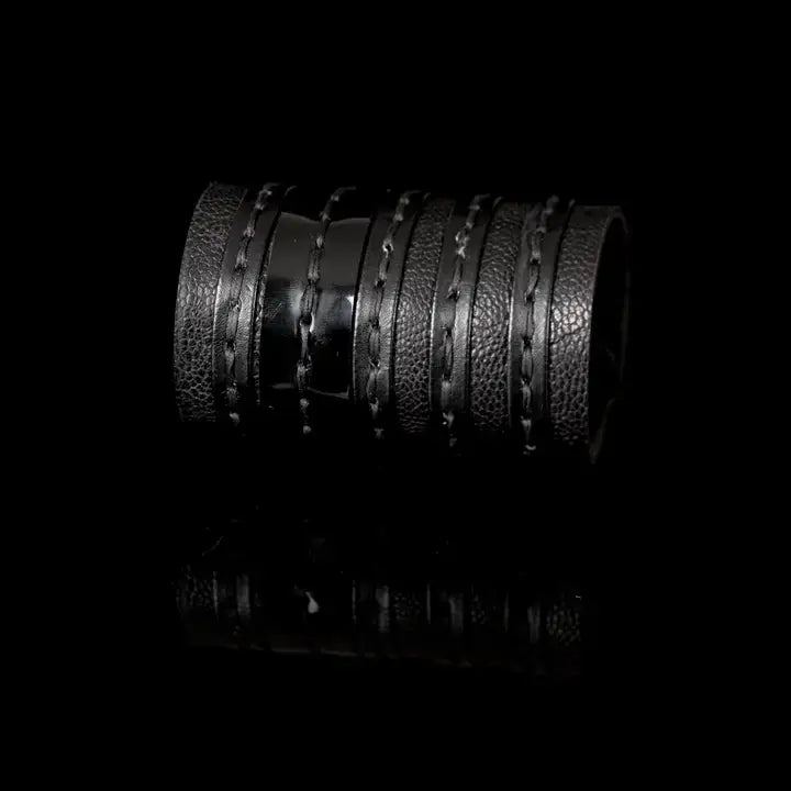 Ribbed Noir Leather Cuff Handcrafted Layered Black