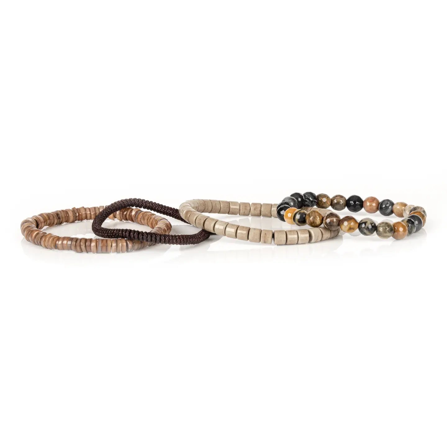 Men's layered bracelet set featuring faceted natural agate stone beads in amber, cream, black, and brown tones with beige heishi beads and brown woven cord accents on a white background.