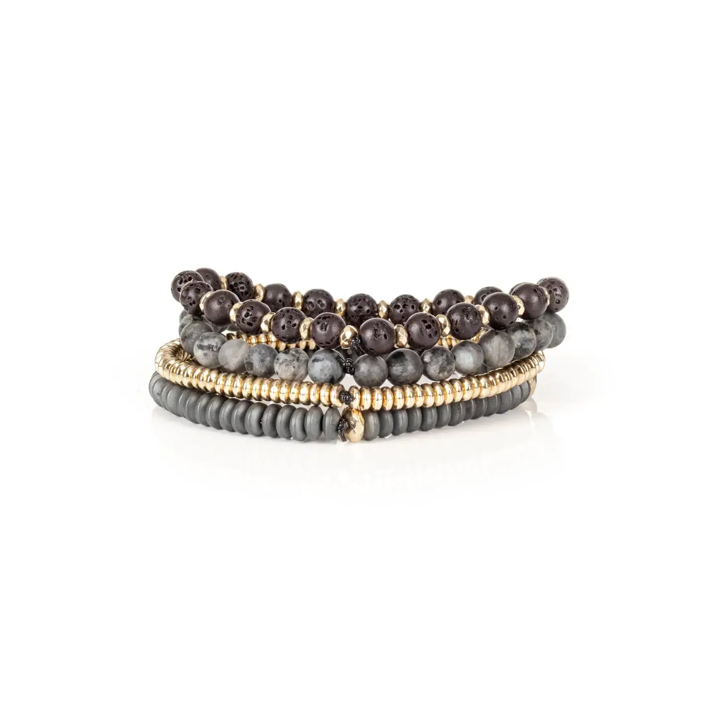 Grey multi-layer men’s bracelet set featuring lava stone beads, marble grey stones, matte hematite disc beads, and gold-tone metallic accents on a light background.
