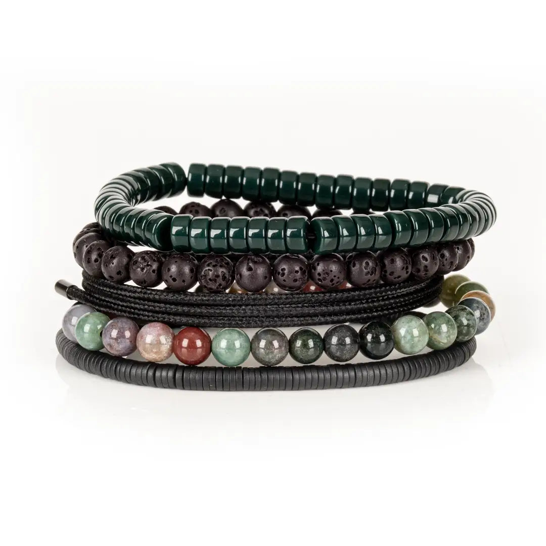 Handmade men's bracelet stack featuring natural lava stone beads, green heishi beads, multicolor gemstone beads, and black accents.