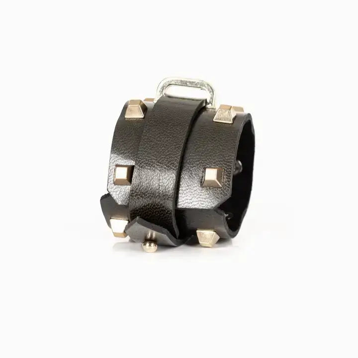 Empire Cuff Black Italian Leather Bracelet with Gold Studs
