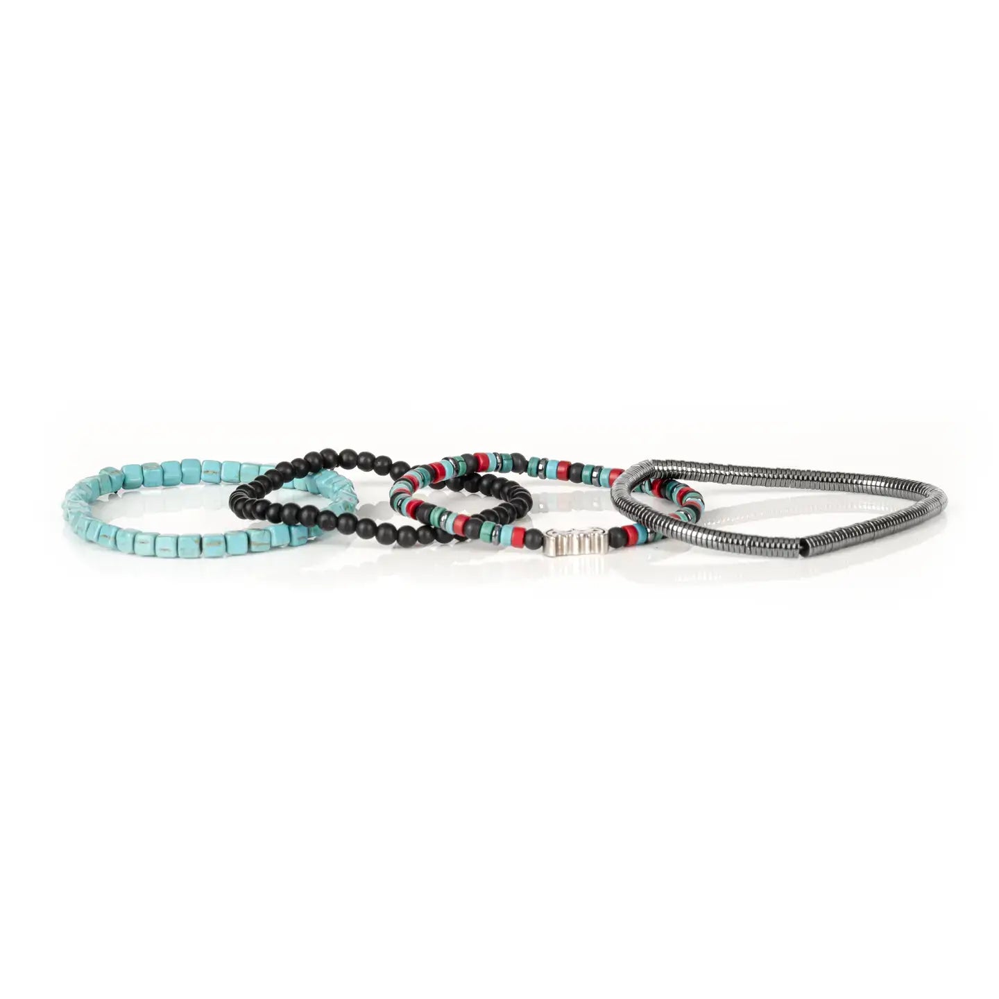 Black multi-layer men’s bracelet featuring matte black beads, turquoise cube beads, metallic hematite strands, red accent details, and crystal centerpiece accent on a light background.