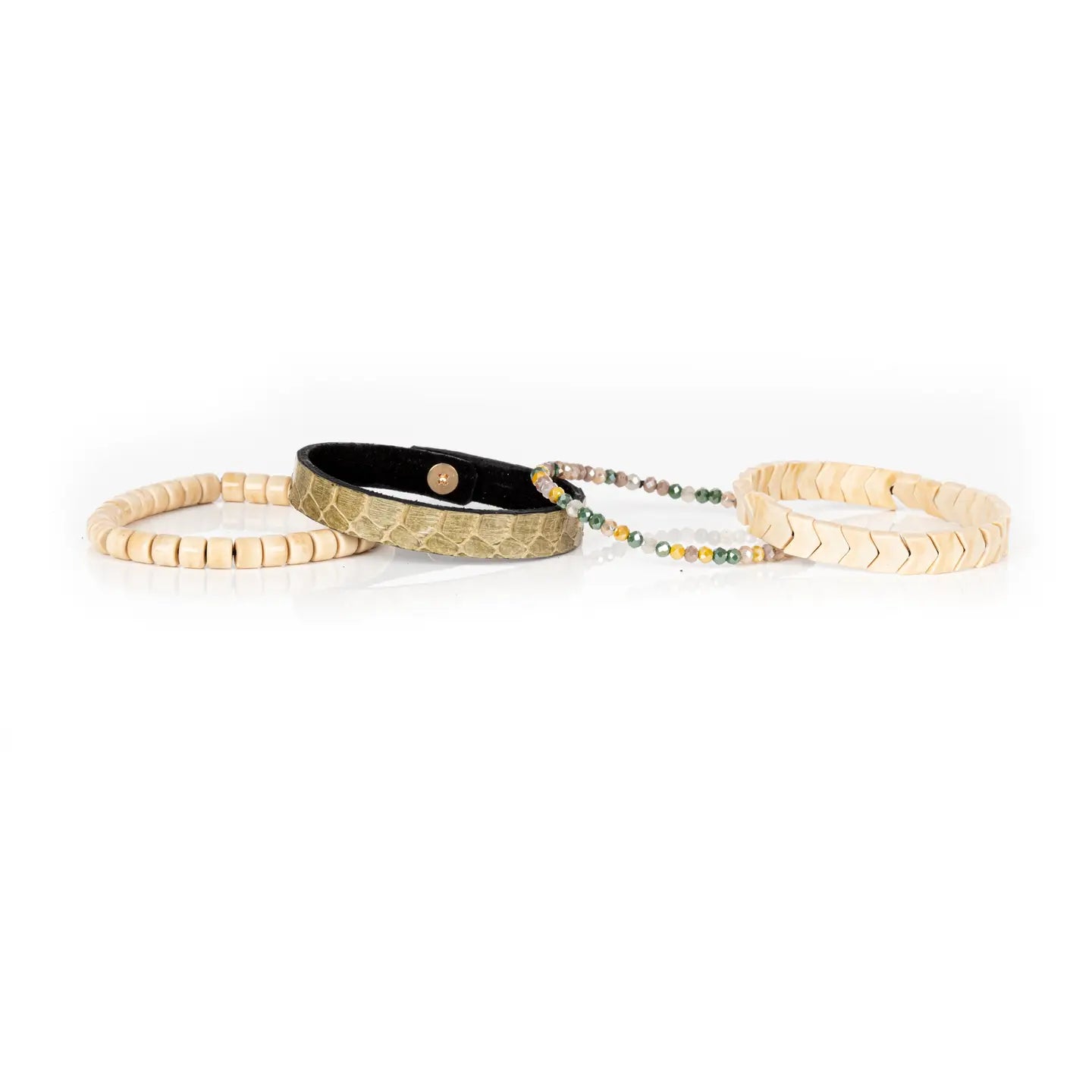 Python Leather & Chevron Tile Stack Bracelet Sandstone Olive