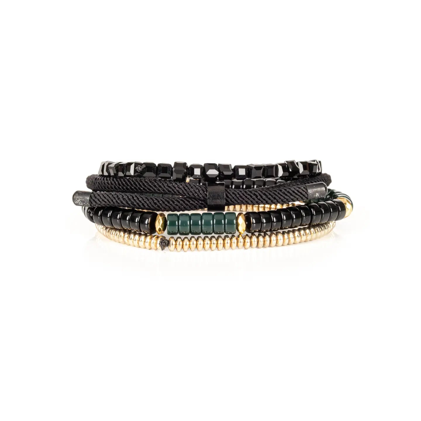 Men’s layered bracelet set featuring faceted black crystal beads, black braided cord wraps, a gunmetal ID bar centerpiece, black and deep green heishi beads, and gold-tone spacer beads, stacked in a sophisticated modern luxury design on a white background.