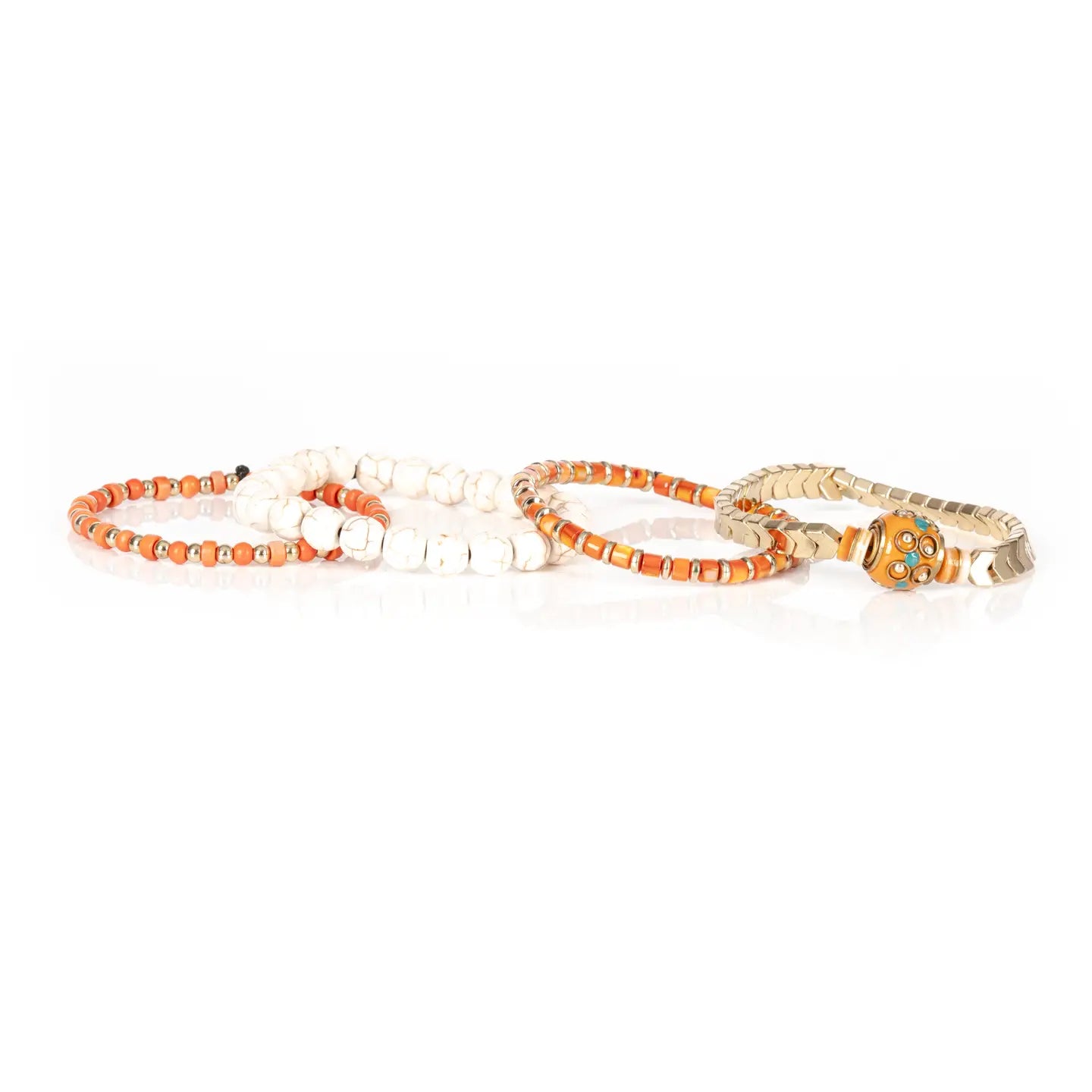 Orange & White Beaded Bracelet Stack Chevron Gold Accent