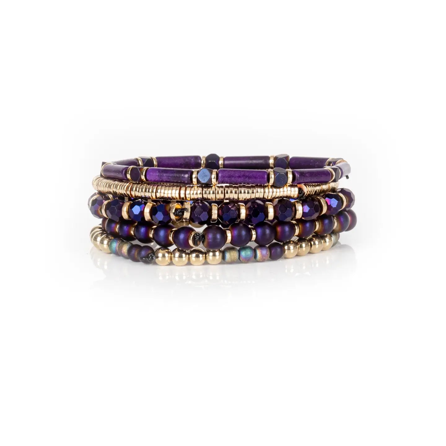 Midnight Amethyst Crystal Bracelet Stack Deep Purple & Gold